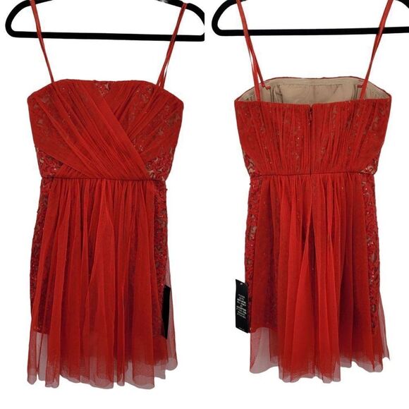BCBGMaxAzria Dress Vienna Formal Convertible Fit Flare Mini Sequin Netted Red 0 - Picture 3 of 17